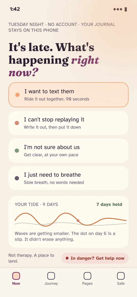 OK Soonish home screen at night asking 'It's late. What's happening right now?' with four choices