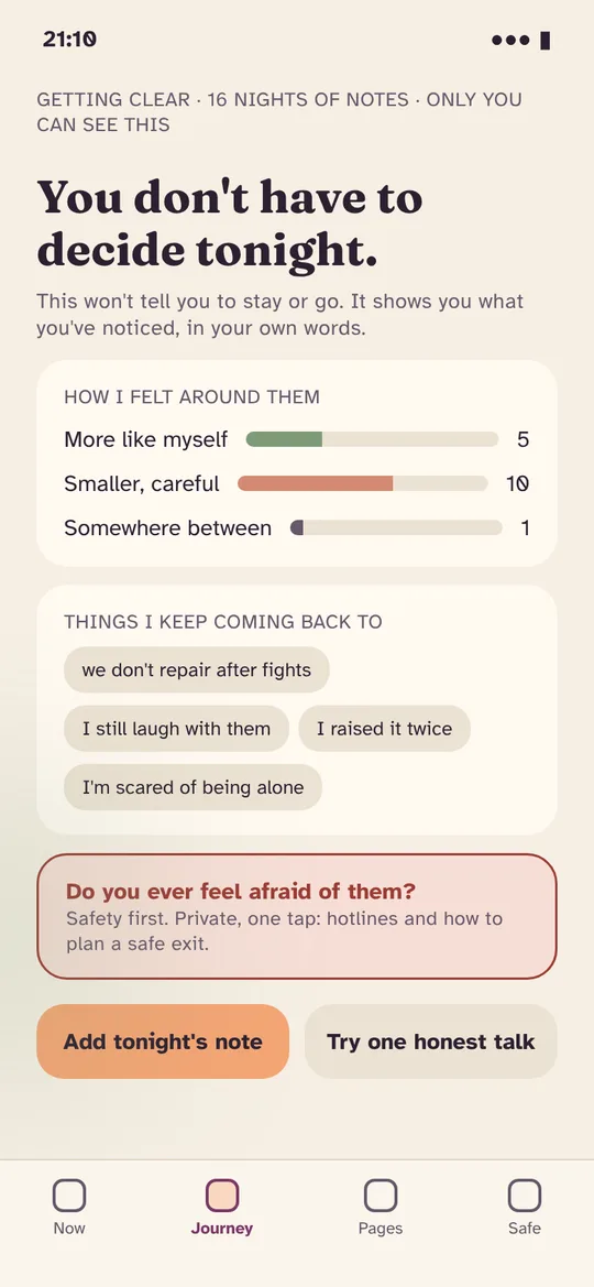 Getting clear screen: 'You don't have to decide tonight', a private tally of how you felt and the things you keep coming back to